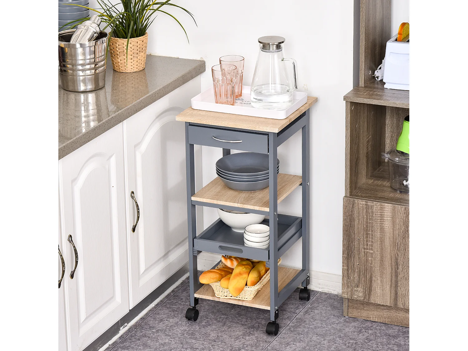 Nandae Desserte De Cuisine à Roulettes Vintage - Chariot De Service Métal Et MDF Avec Plateau Bois