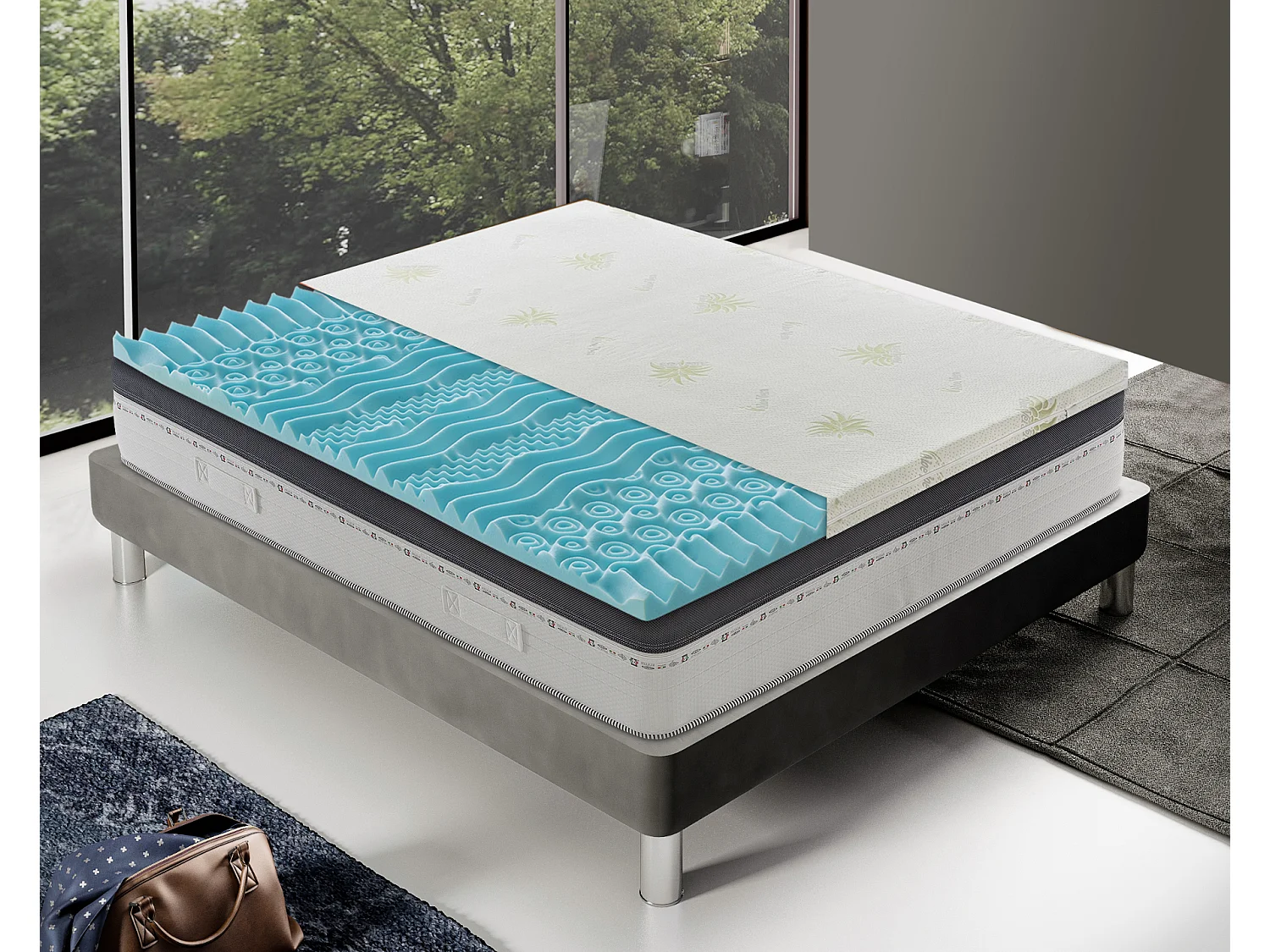Surmatelas en Waterfoam 140x195 haut de 3 cm, déhoussable, tissu AloeVera | Topper H3 | Leroy Merlin