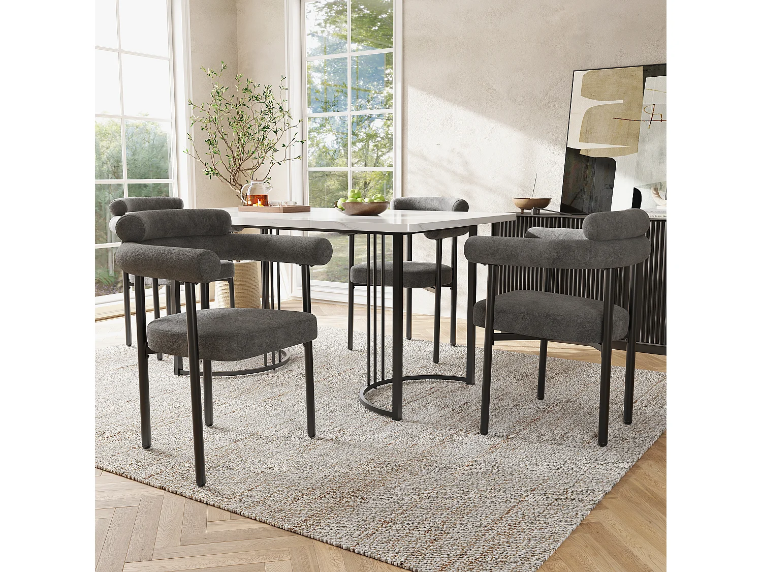 Ensemble table FIRELA + 4 chaises KADIJA - Effet marbre blanc et beige