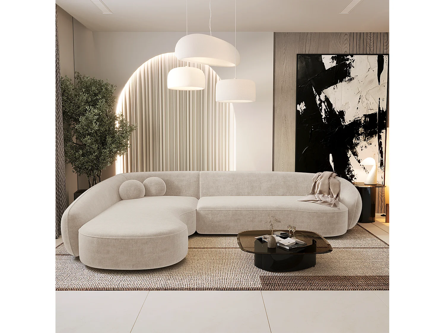 Canapé d'angle gauche 4 places tissu tramé toucher doux noir