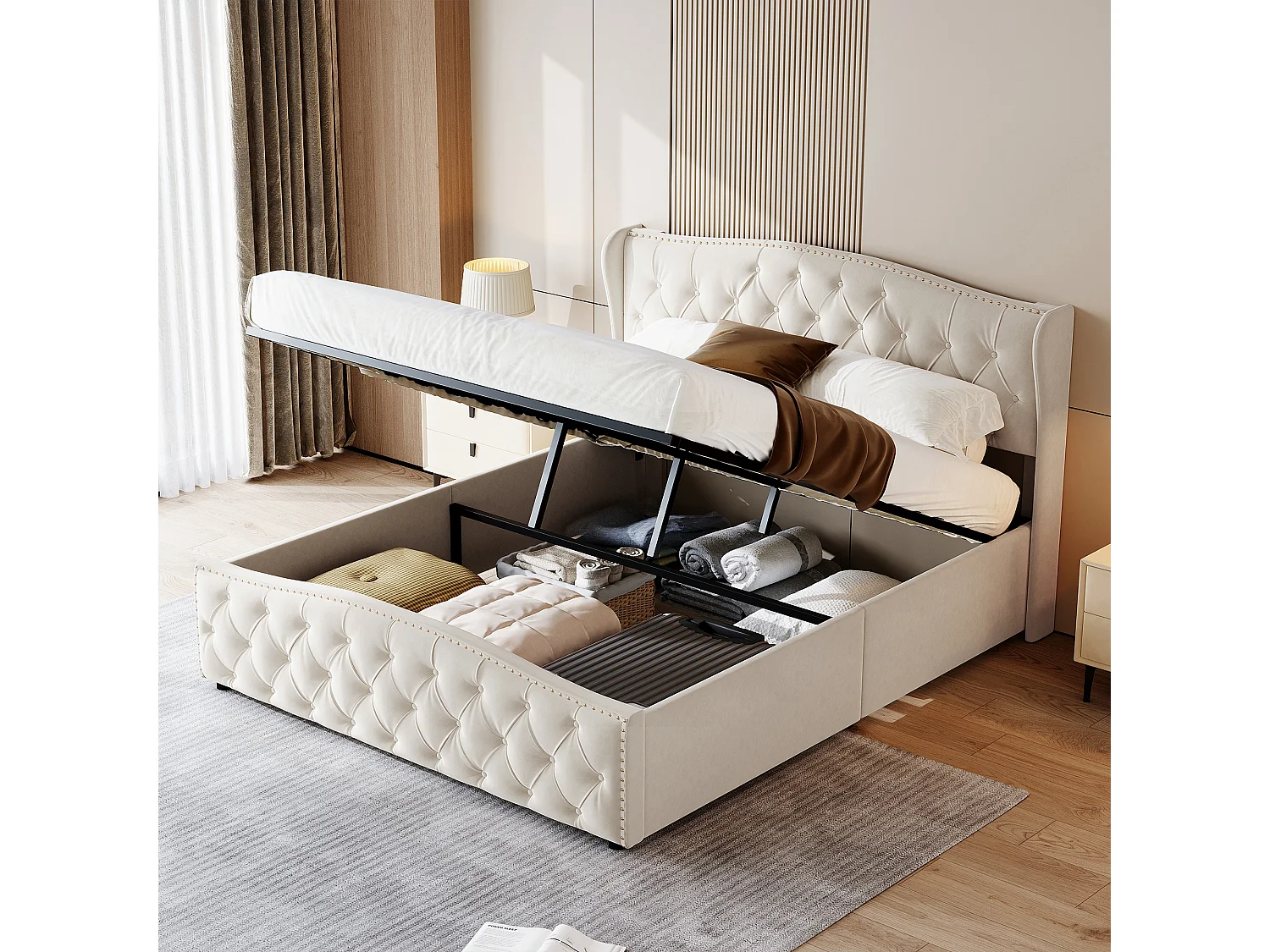 ModernLuxe Lit double capitonné 180 x 200 cm avec tête de lit réglable, espace de rangement hydraulique et 2 tiroirs, sommier à lattes, housse en velours beige sans matelas