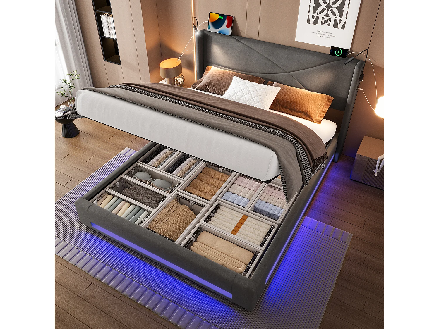Lit coffre rembourré - 140 x 200 cm - avec 2 lampes + Leds + ports USB - rangement