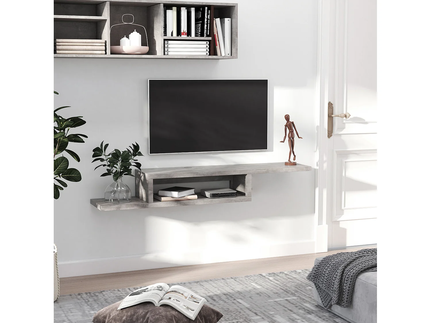Meuble TV Suspendu [en.casa] 135 Cm – Support Télé Flottant Avec 2 Compartiments Fermés – Rangement Élégant Et Gain De Place En Blanc