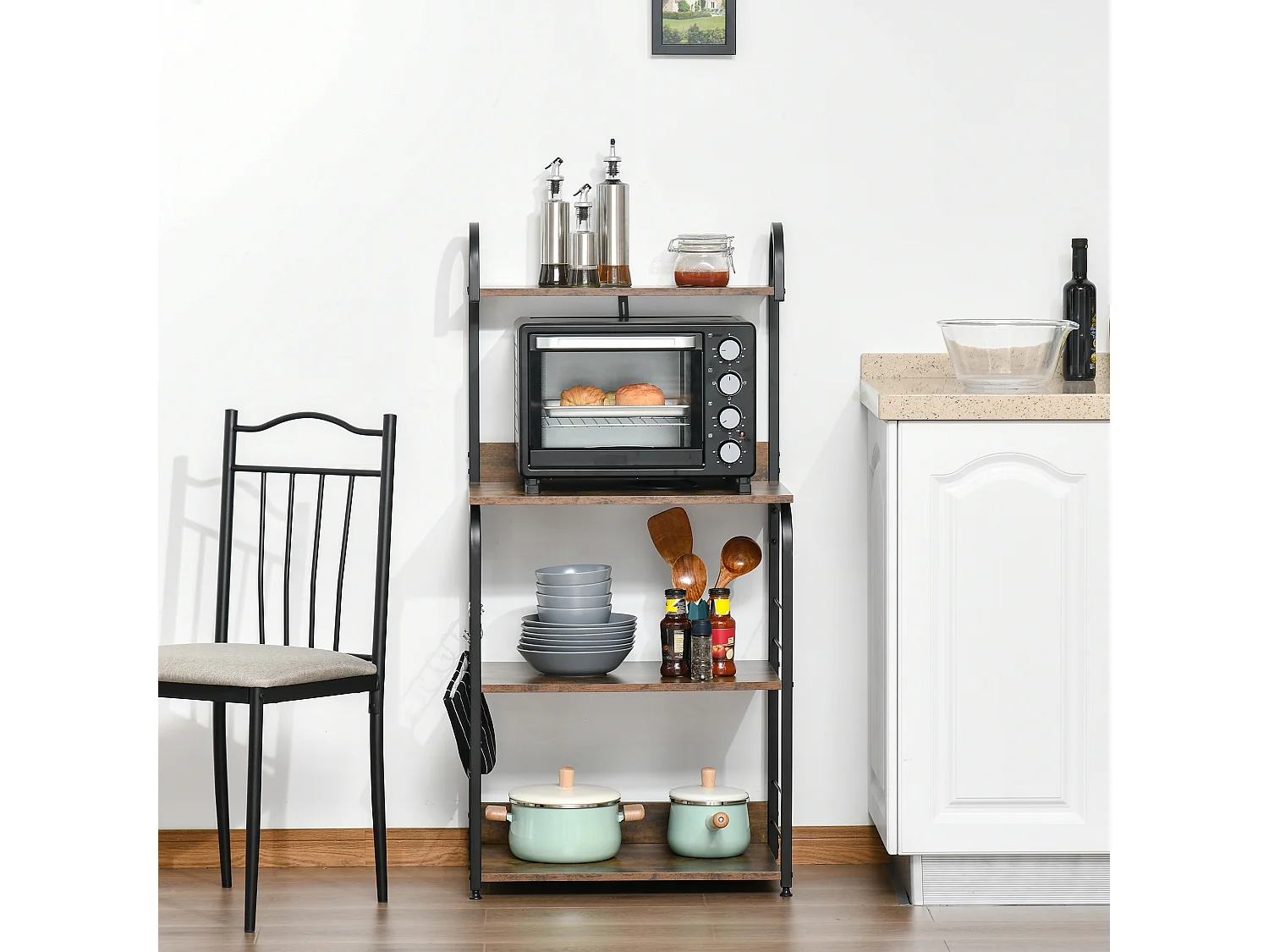 Étagère Four Micro-ondes Bois et Acier Noir - CAPSA HOME